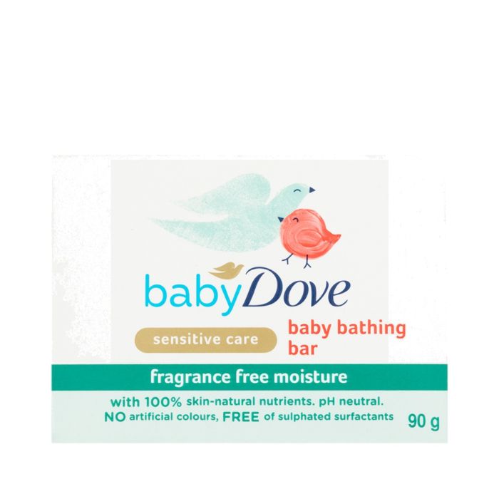 Dove Sensitive Care Baby Bar Soap Fragrance Free 4 x 90g bars on a bathroom shelf
