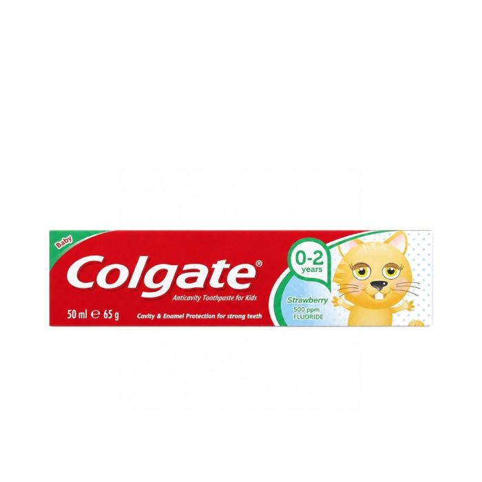 Colgate Baby Strawberry Toothpaste 0-2 Years 50ml tube on a bathroom shelf
