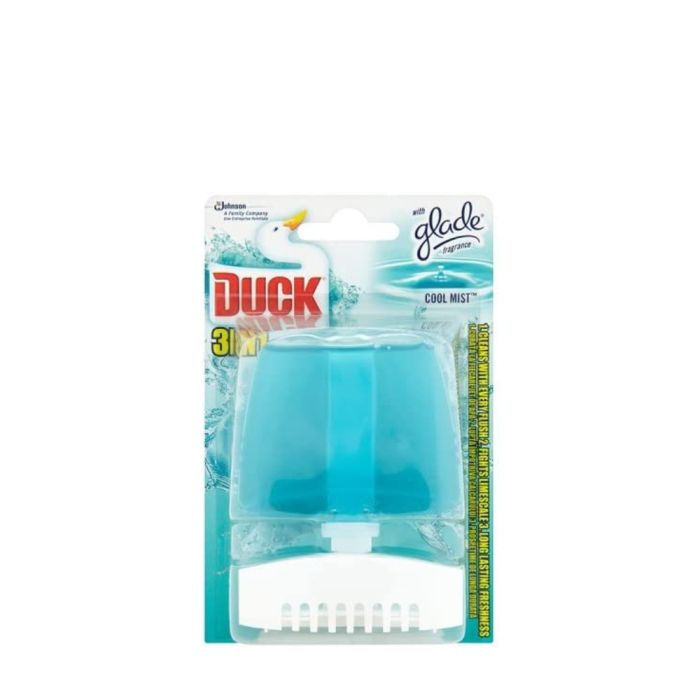 Toilet Duck 3 In 1 Cool Mist Rim Block Holder 55ml clipped onto a toilet rim
