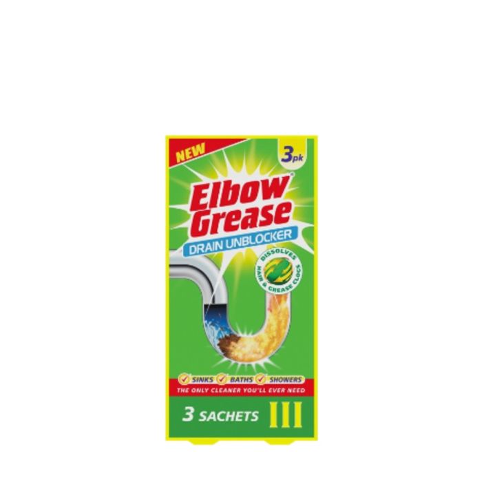 Elbow Grease Drain Unblocker Sachets 3 x 25g pack on a bathroom shelf
