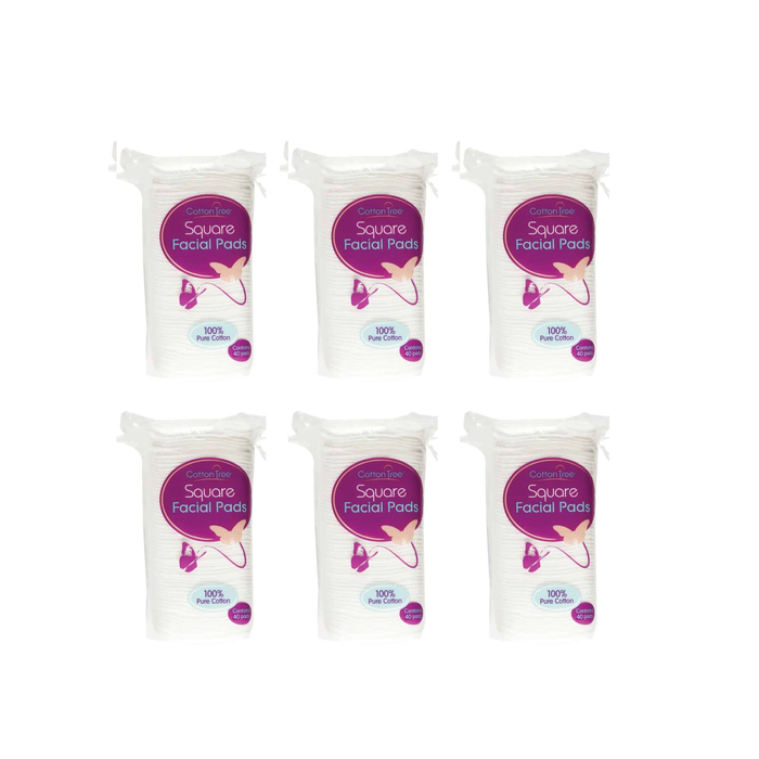 Cotton Tree Square Facial Pads 100% Pure Cotton 40 Pads for Gentle Care - Pack of 6