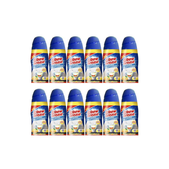 Elbow Grease Foaming Toilet Cleaner Powder Lemon Fresh 500g tub on a bathroom shelf
