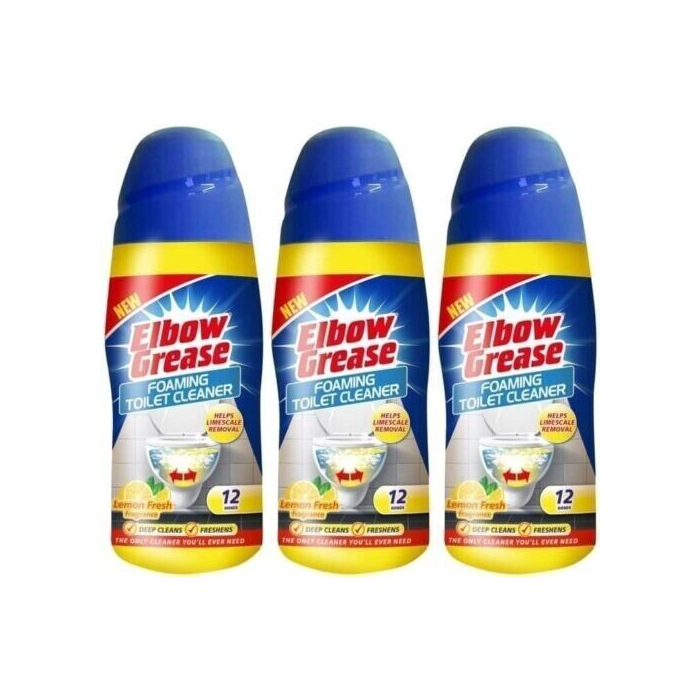 Elbow Grease Foaming Toilet Cleaner Powder Lemon Fresh 500g tub on a bathroom shelf
