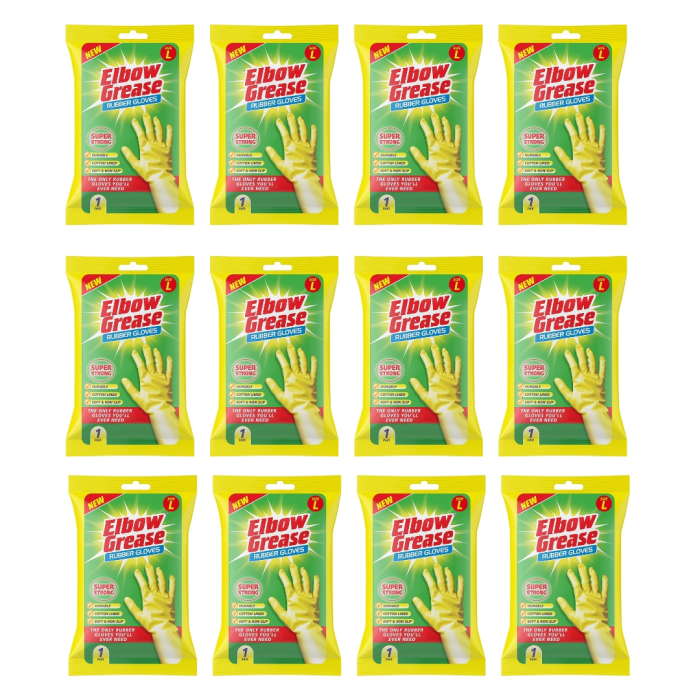 Elbow Grease Rubber Gloves Extra Strong Non-Slip Size Large - Pack of 12