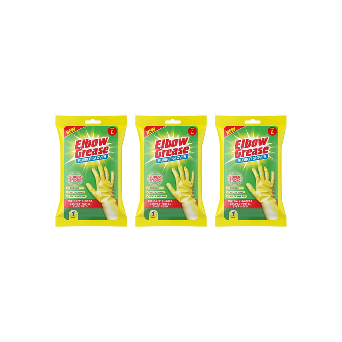 Elbow Grease Rubber Gloves Extra Strong Non-Slip Size Large - Pack of 3