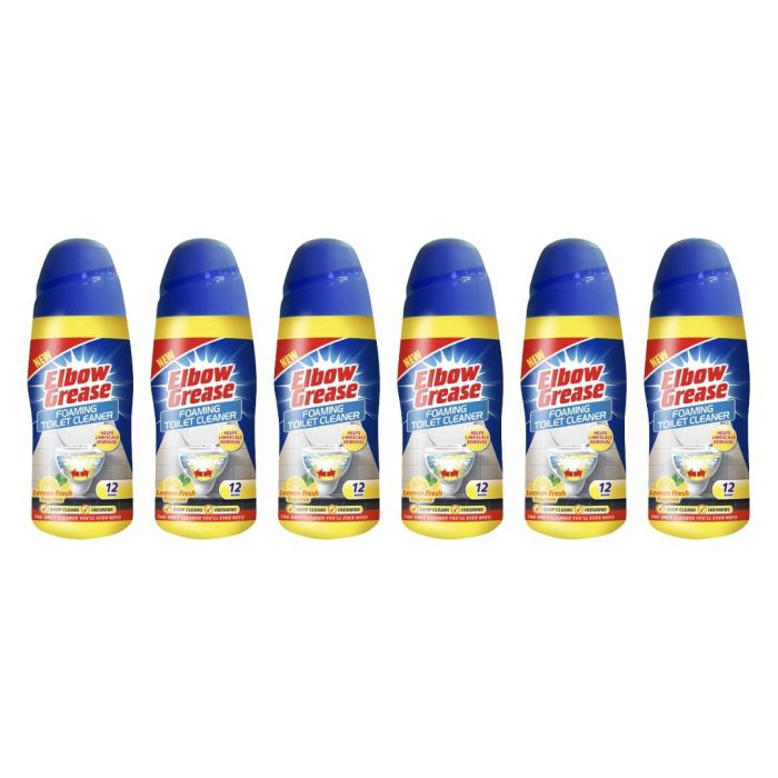 Elbow Grease Foaming Toilet Cleaner Powder Lemon Fresh 500g tub on a bathroom shelf
