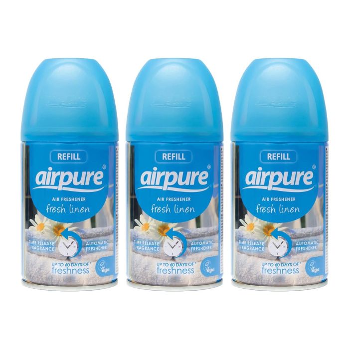Airpure Automatic Air Freshener Refill Fresh Linen 250ml can on a living room shelf
