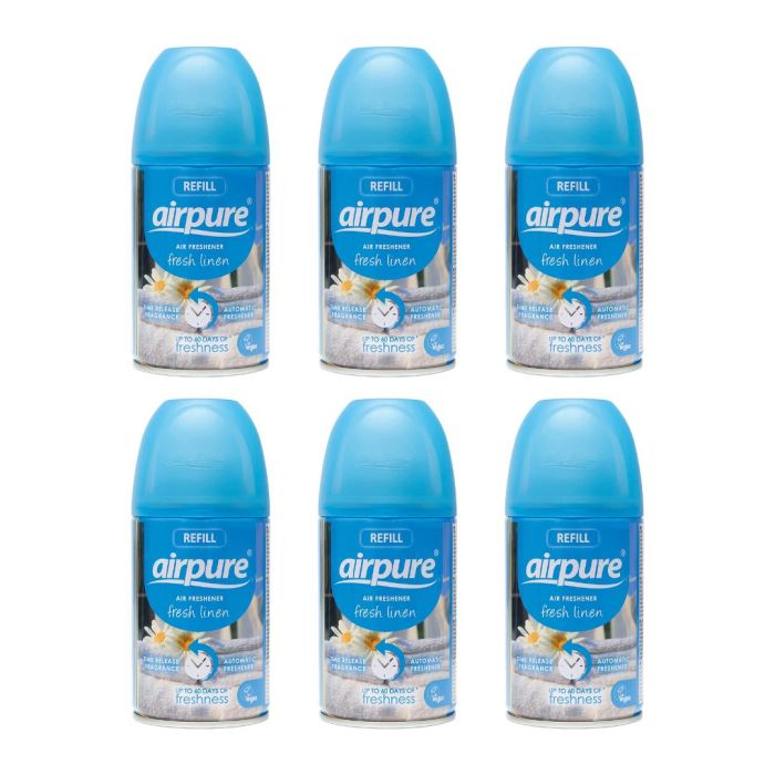 Airpure Automatic Air Freshener Refill Fresh Linen 250ml can on a living room shelf
