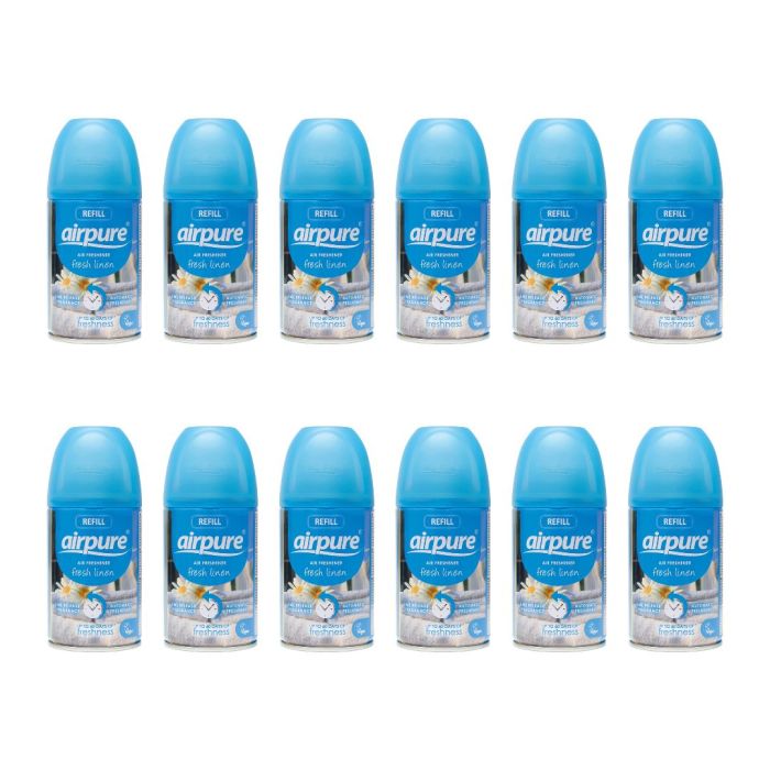 Airpure Automatic Air Freshener Refill Fresh Linen 250ml can on a living room shelf
