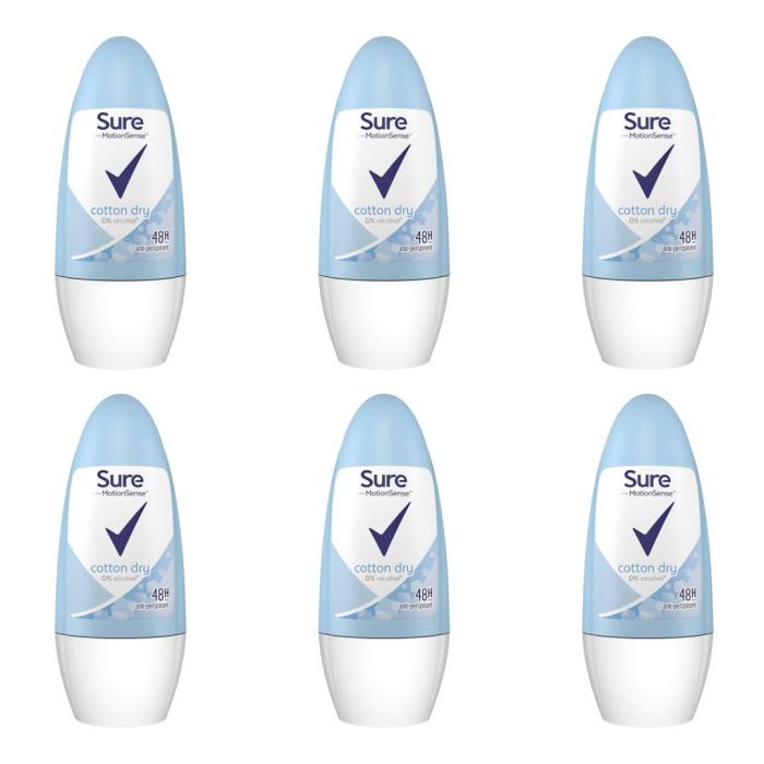 Sure Women Cotton Dry Anti Perspirant Deodorant Roll On 50ml - Pack of 6
