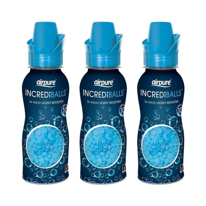 Airpure Incrediballs In-Wash Scent Booster Linen container for 10 washes on a laundry shelf
