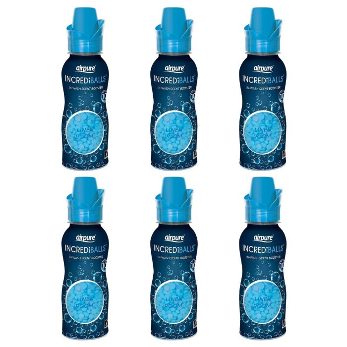 Airpure Incrediballs In-Wash Scent Booster Linen container for 10 washes on a laundry shelf
