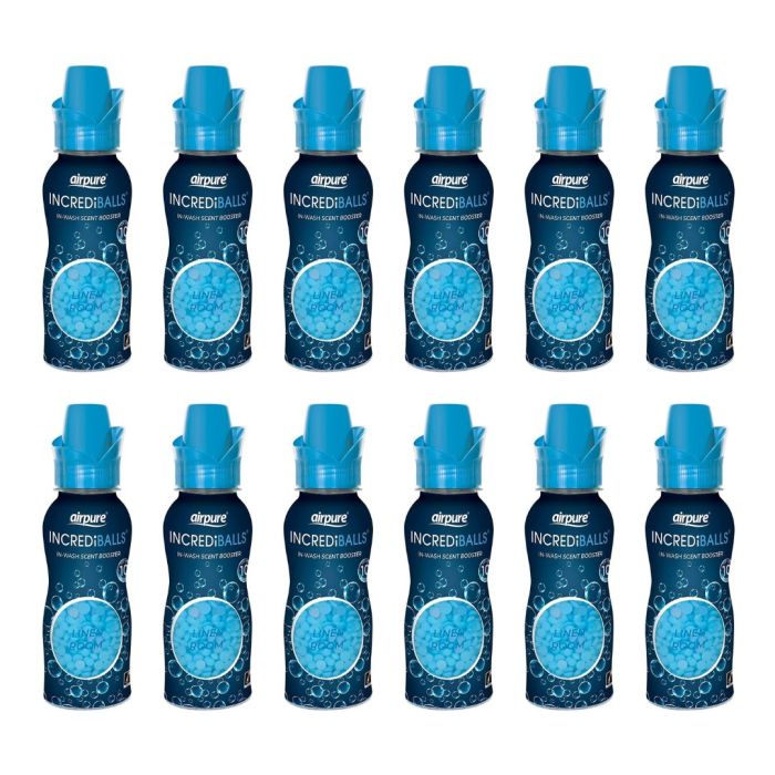 Airpure Incrediballs In-Wash Scent Booster Linen container for 10 washes on a laundry shelf
