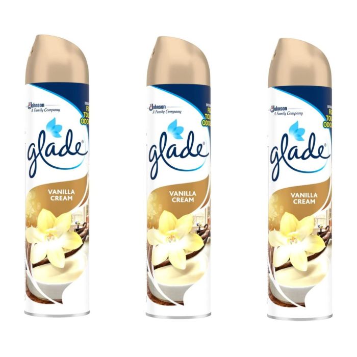 Glade Vanilla Air Freshener Spray 300ml aerosol can on a clean shelf
