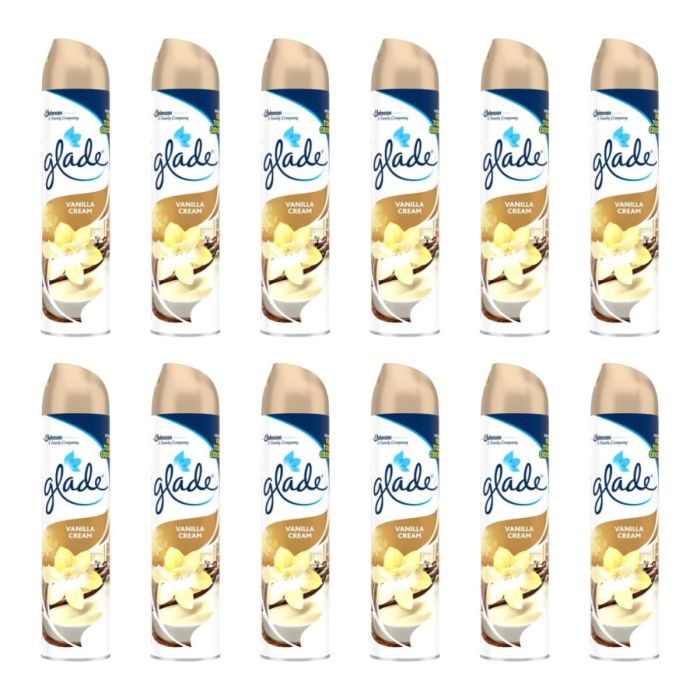Glade Vanilla Air Freshener Spray 300ml aerosol can on a clean shelf
