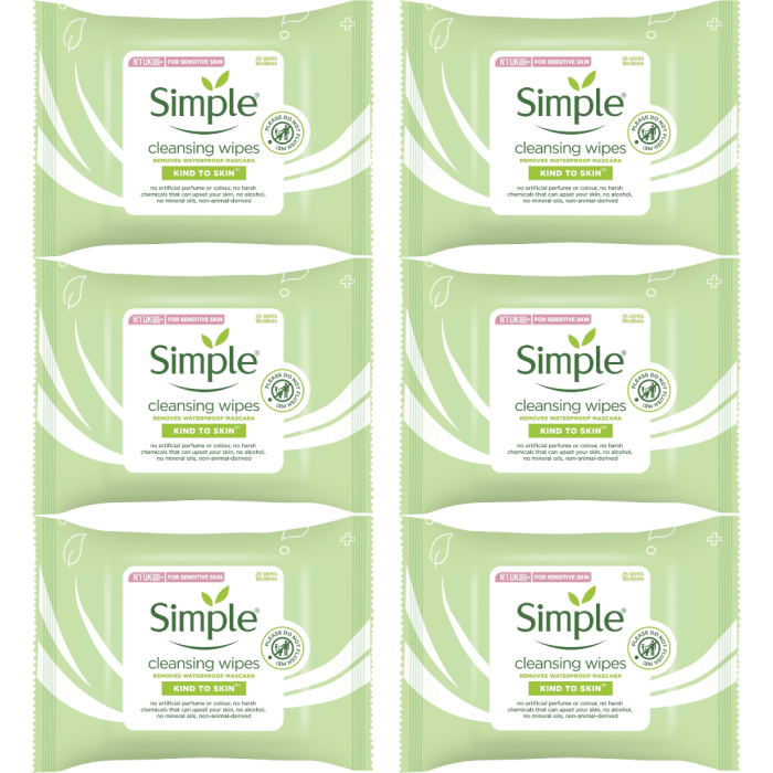 Simple Kind to Skin Cleansing Wipes Sensitive Skin 25 Wipes - Pack of 6