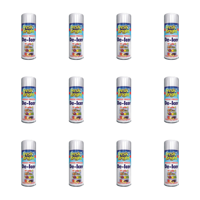Fresh & Bright Fridge Freezer Anti-Bacterial De Icer Spray 200ml bottle on a kitchen counter
