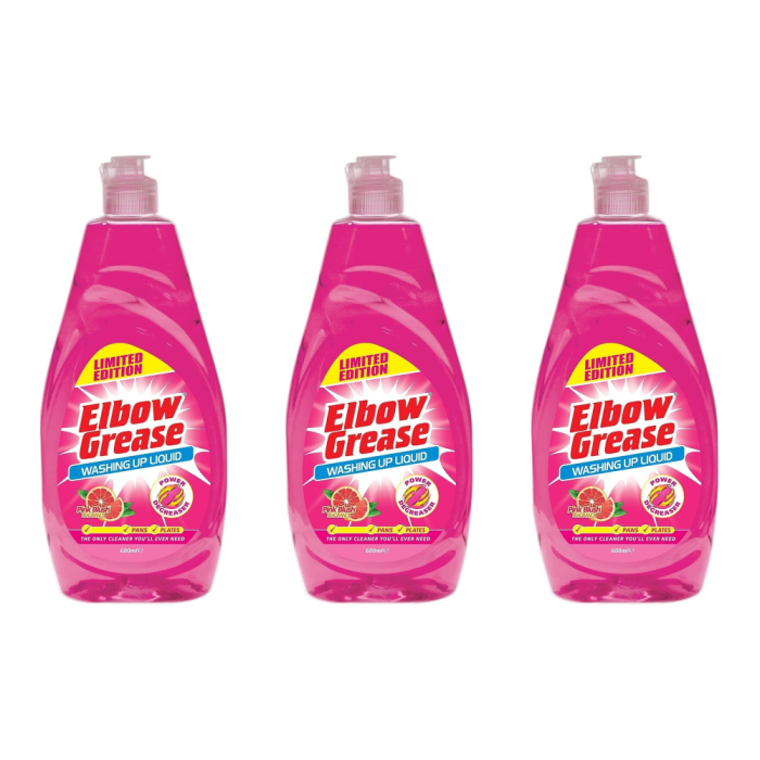 Elbow Grease Pink Blush Washing Up Liquid 600ml bottle beside a kitchen sink
