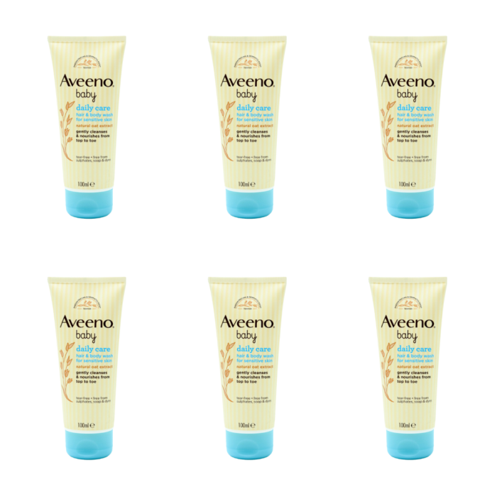 Aveeno Baby Daily Care Hair and Body Wash 100ml bottle on a clean bathroom shelf
