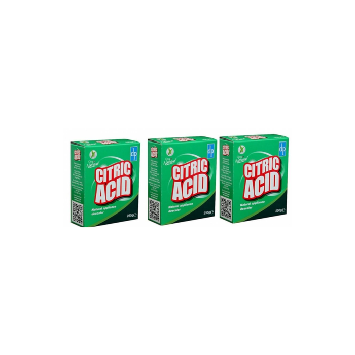 Dri-Pak Citric Acid for Cleaning 250g pack on a kitchen counter next to a kettle

