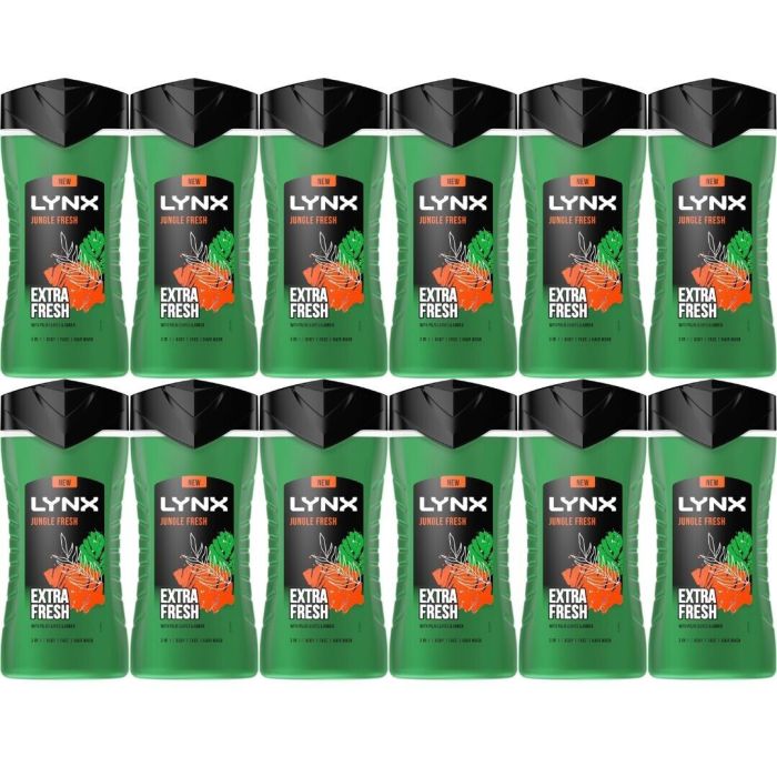 Lynx 3-in-1 Body, Face & Hair Wash Jungle Fresh Shower Gel 225ml - Pack of 12