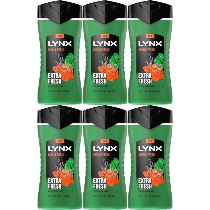 Lynx 3-in-1 Body, Face & Hair Wash Jungle Fresh Shower Gel 225ml - Pack of 6