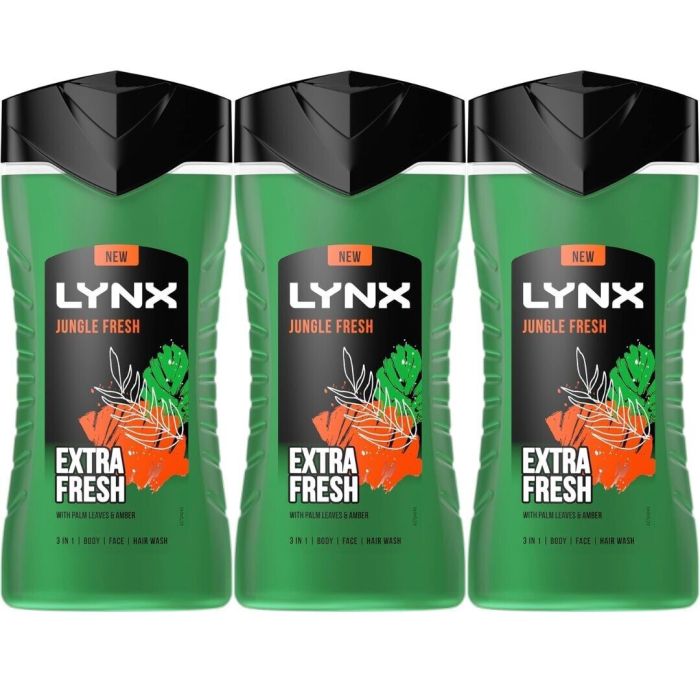 Lynx 3-in-1 Body, Face & Hair Wash Jungle Fresh Shower Gel 225ml - Pack of 3