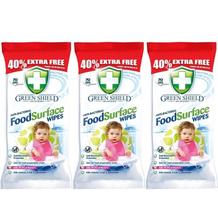 Green Shield Food Surface Wipes Anti-Bacterial 70 Wipes - Pack of 3