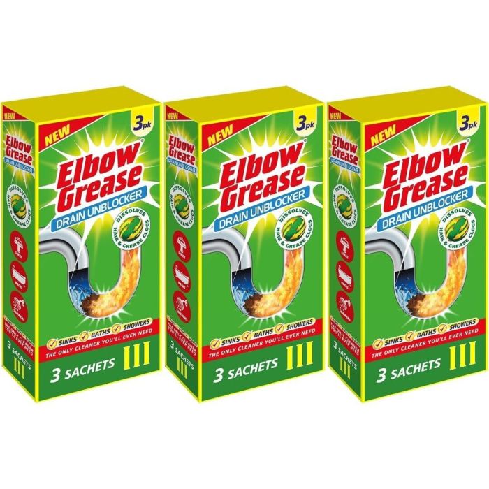 Elbow Grease Drain Unblocker Sachets 3 x 25g pack on a bathroom shelf

