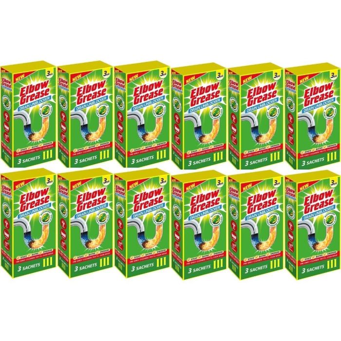 Elbow Grease Drain Unblocker Sachets 3 x 25g pack on a bathroom shelf
