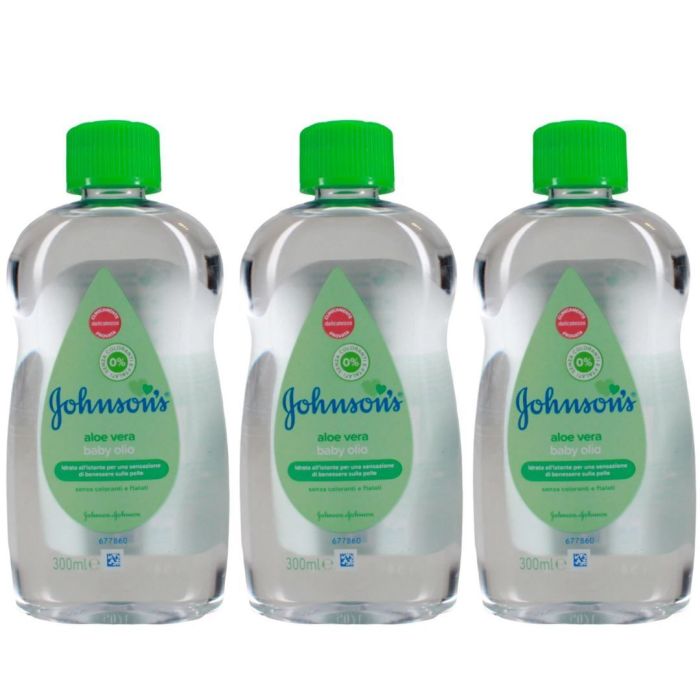 Johnson's Baby Aloe Vera Oil 300ml bottle on a clean nursery shelf
