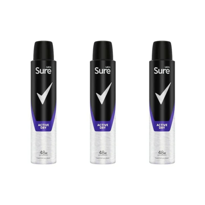 Sure Men Active Dry Antiperspirant Deodorant Aerosol 200ml - Pack of 3