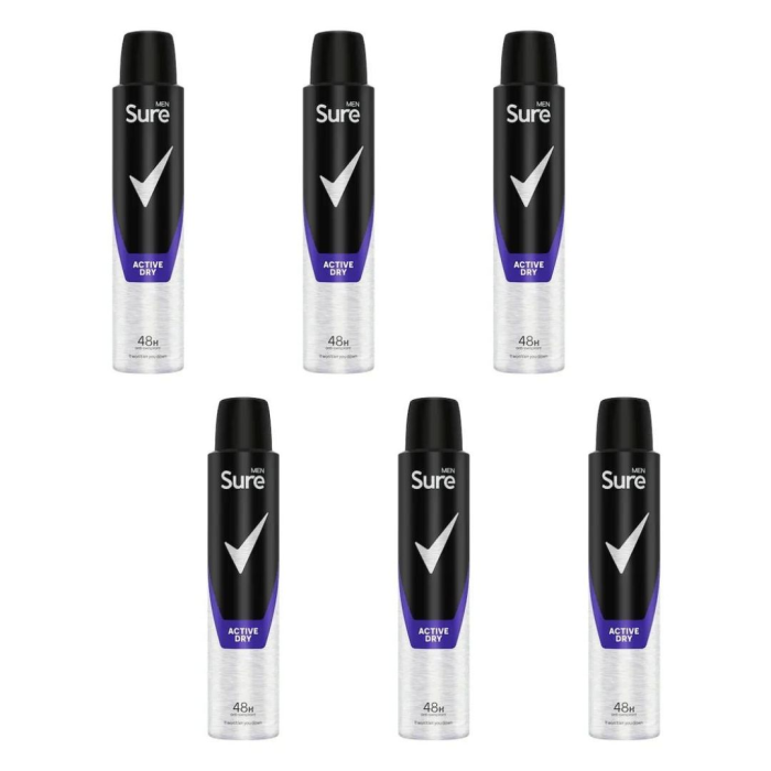 Sure Men Active Dry Antiperspirant Deodorant 200ml - Pack of 6
