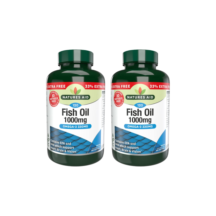 Natures Aid Fish Oil 1000mg Omega-3 Supplement 120 Softgels - Pack of 2