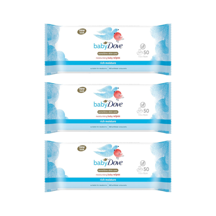 Dove Baby Rich Moisture Moisturising Baby Wipes 50s pack on a clean nursery changing table
