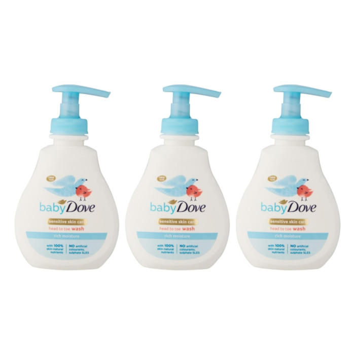 Baby Dove Sensitive Head to Toe Wash Moisture 200ml bottle beside a baby bath
