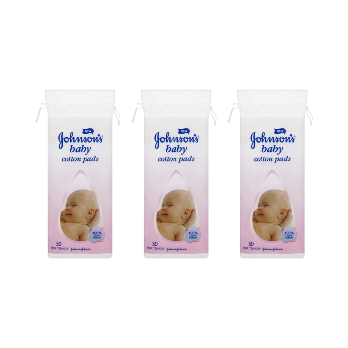 Johnson's Baby Cotton Pads Softening 50 pack on a clean bathroom shelf
