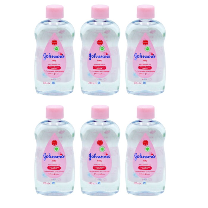 Johnson's Baby Oil Pure and Gentle Daily Care 300ml bottle on a clean nursery shelf
