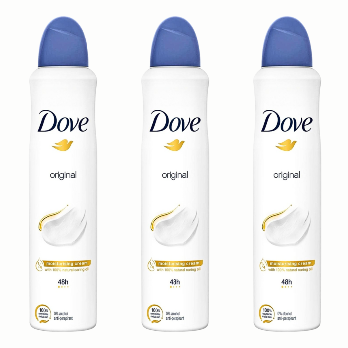 Dove Original Antiperspirant Deodorant Spray 250ml can on a clean bathroom surface
