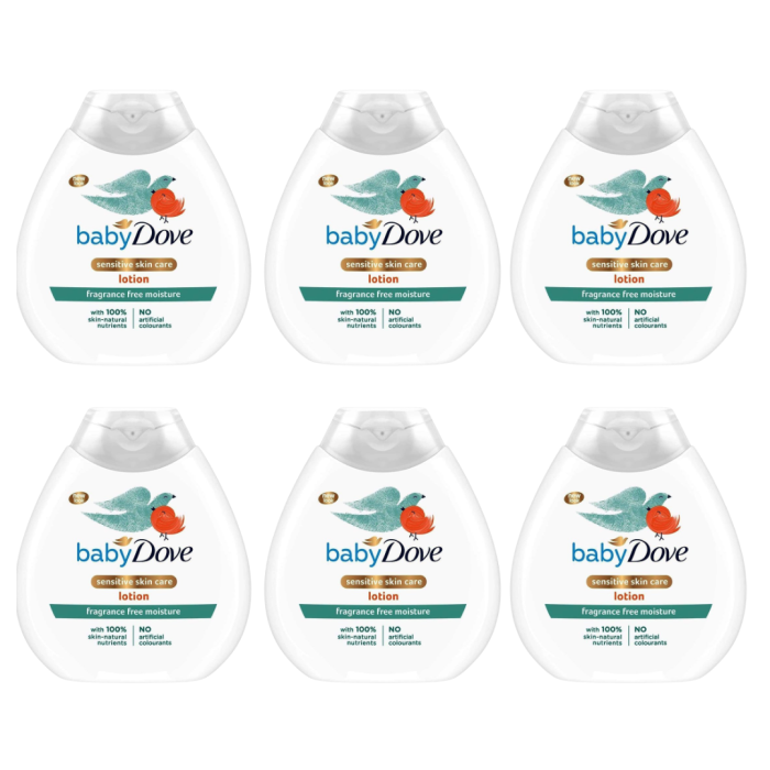 Baby Dove Sensitive Moisture Fragrance Free Lotion 200ml bottle on a nursery shelf
