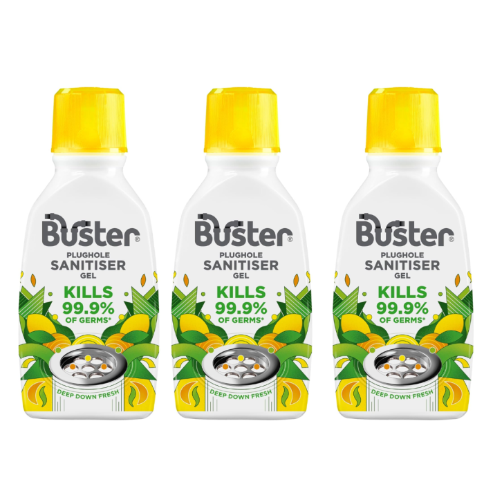 Buster Plughole Sanitiser Gel 300ml drain cleaner and deodoriser bottle
