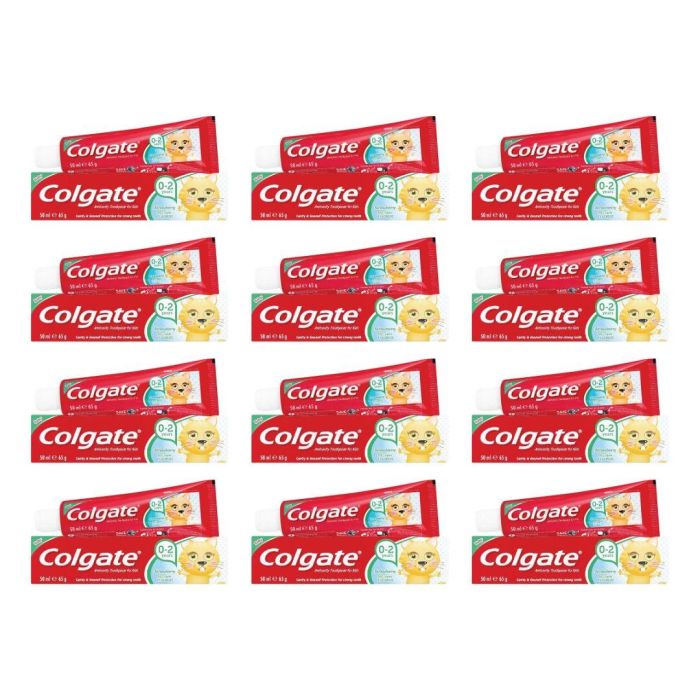 Colgate Baby Strawberry Toothpaste 0-2 Years 50ml tube on a bathroom shelf

