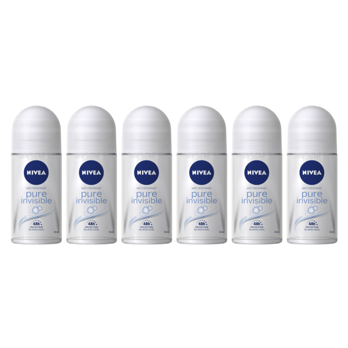 NIVEA Pure Invisible Women Roll‑On Antiperspirant Deodorant 50 ML - Pack of 6