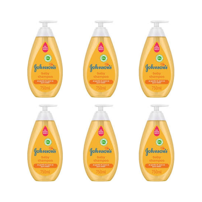Johnson's Baby Shampoo 750ml bottle on a clean bathroom shelf beside baby bath products

