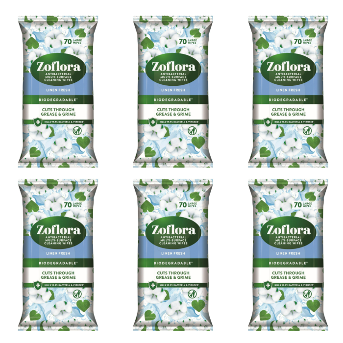 Zoflora Biodegradable Linen Fresh Multi-Surface Disinfectant Wipes 70 - Pack of 6