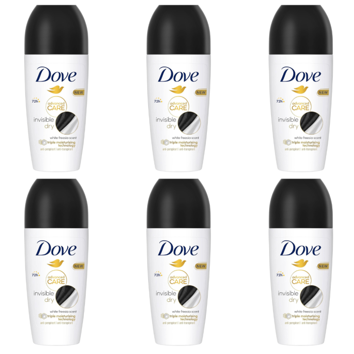 Dove Advanced Care Invisible Dry Anti-Perspirant Roll On Deodorant 50ml - Pack of 6