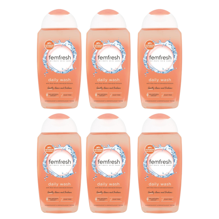 Femfresh Intimate Skincare Daily Wash 250ml bottle on a clean bathroom shelf
