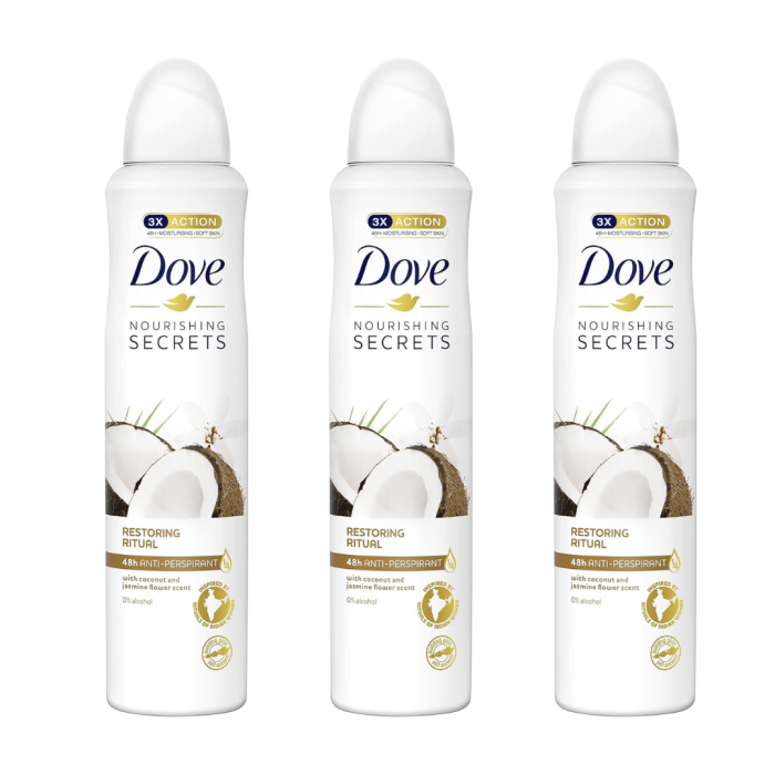 Dove Coconut & Jasmine Moisturising Cream Anti-Perspirant Spray 250ml - Pack of 3