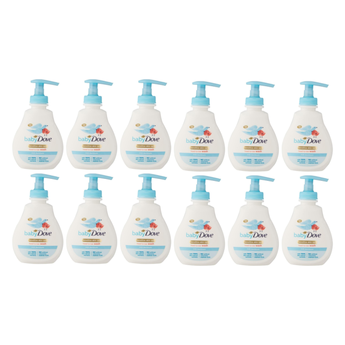 Baby Dove Sensitive Head to Toe Wash Moisture 200ml bottle beside a baby bath
