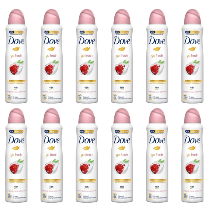 Dove Go Fresh Pomegranate Antiperspirant Deodorant Spray 250ml can on bathroom shelf
